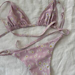 Pink Daisy Print Bikini Set with Triangle Top and Tie-Side Bottoms